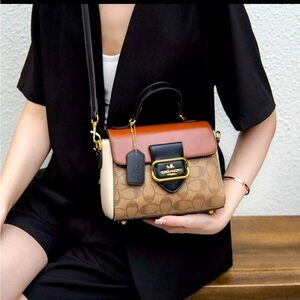 Designer Inspired Brown w/ white & Black Satchel with Elegant Gold-Tone Clasp